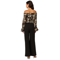 Adrianna Papell Womens Off The Shoulder Lace and Crepe Jumpsuit, Stylish Evening or Special Occasion Outfit