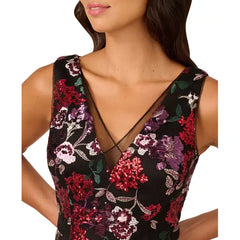Adrianna Papell Women's Floral Sequin Fit and Flare Dress Perfect for Special Occasions, Black Multi