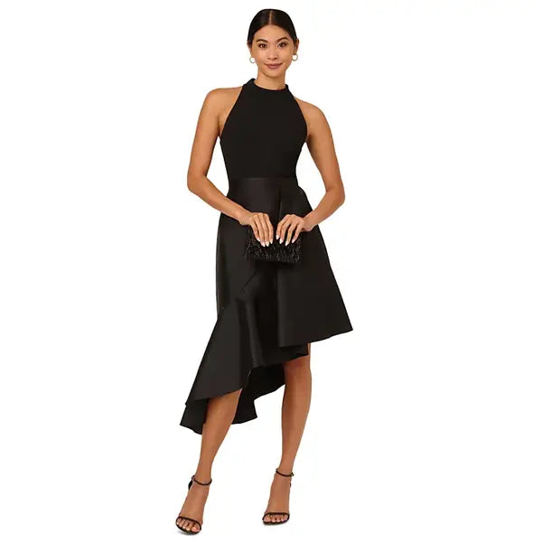 Adrianna Papell Women's Mixed Media Sleeveless Ruffle Trim Dress for Elegant Style, Black