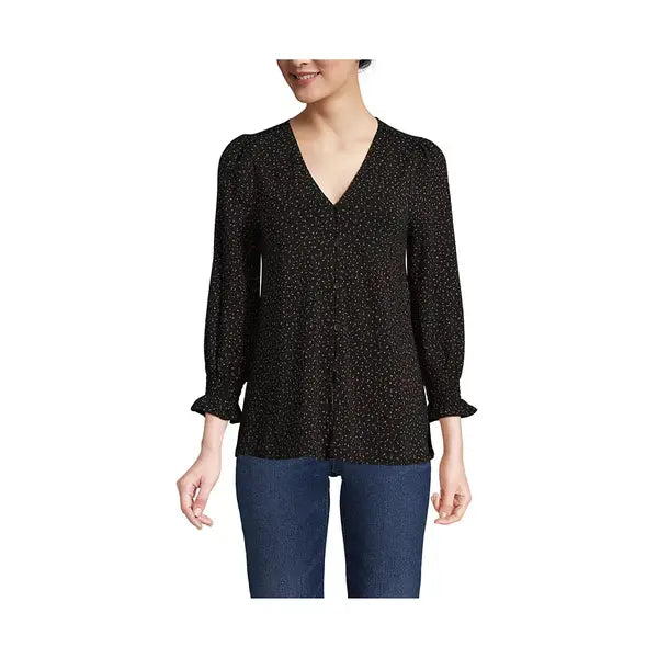 Macy's Women's 3/4 Sleeve Lightweight Jersey Button Front Top-Black terrazzo dot