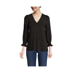 Macy's Women's 3/4 Sleeve Lightweight Jersey Button Front Top-Black terrazzo dot