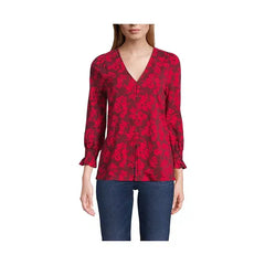 Macy's Women's 3/4 Sleeve Lightweight Jersey Button Front Top-Heritage red painted flower