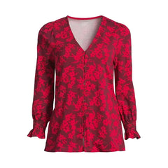 Macy's Women's 3/4 Sleeve Lightweight Jersey Button Front Top-Heritage red painted flower