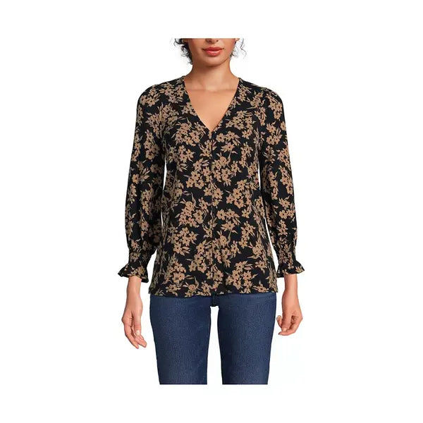 Macy's Women's 3/4 Sleeve Lightweight Jersey Button Front Top-Honey beige painted flower