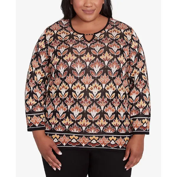 Alfred Dunner Plus Size Rue Rivoli Medallion Beaded Split Neck Sweater, Neutral Multi, Size 1X