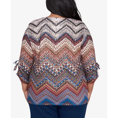 Alfred Dunner Plus Size Harvest Moon Textured Chevron Ruched Sleeve Top, Neutral Multi