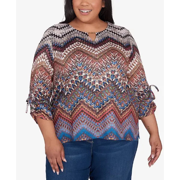 Alfred Dunner Plus Size Harvest Moon Textured Chevron Ruched Sleeve Top, Neutral Multi