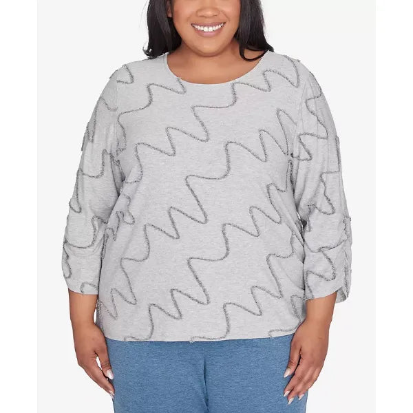 Alfred Dunner Plus Size Casual Fridays Diagonal Textured Crew Neck Top, Grey