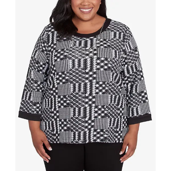 Alfred Dunner Plus Size Runway Ready Houndstooth Textured Top, Multi Black