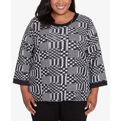 Alfred Dunner Plus Size Runway Ready Houndstooth Textured Top, Multi Black
