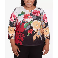 Alfred Dunner Plus Size Runway Ready Floral Crew Neck Top with Drawstring Hem, Multi Black