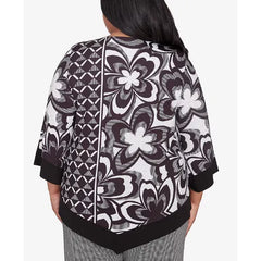 Alfred Dunner Plus Size Runway Ready Floral Geometric Top with Necklace, Black/White Metallic , Size 1X
