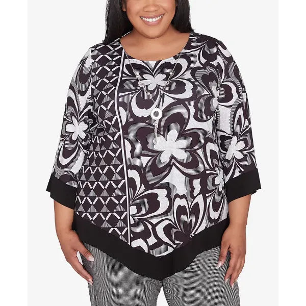 Alfred Dunner Plus Size Runway Ready Floral Geometric Top with Necklace, Black/White Metallic , Size 1X