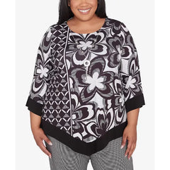 Alfred Dunner Plus Size Runway Ready Floral Geometric Top with Necklace, Black/White Metallic , Size 1X