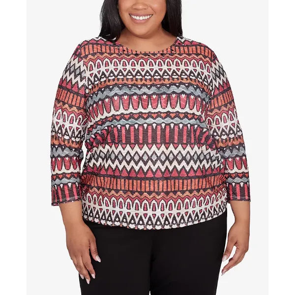 Alfred Dunner Plus Size Runway Ready Geometric Crew Neck Ruched Side Top, Multi Red
