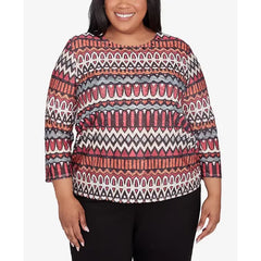 Alfred Dunner Plus Size Runway Ready Geometric Crew Neck Ruched Side Top, Multi Red