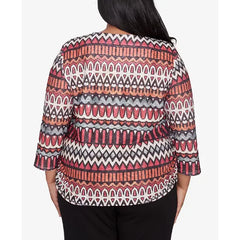 Alfred Dunner Plus Size Runway Ready Geometric Crew Neck Ruched Side Top, Multi Red