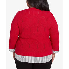 Alfred Dunner Plus Size Runway Ready Woven Chevron Sweater with Necklace, Red