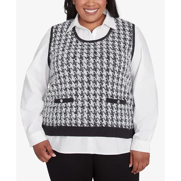 Alfred Dunner Plus Size Runway Ready Houndstooth Two in One Collared Sweater, Multi Black