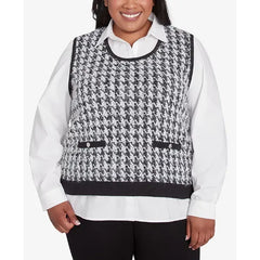 Alfred Dunner Plus Size Runway Ready Houndstooth Two in One Collared Sweater, Multi Black