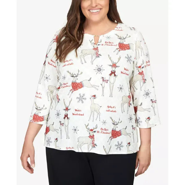 Alfred Dunner Plus Size Classic Deer Split Neck Top, Neutral Multi
