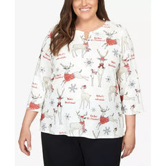 Alfred Dunner Plus Size Classic Deer Split Neck Top, Neutral Multi