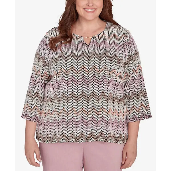 Alfred Dunner Plus Size Telluride Chenille Zig Zag Print Top, Neutral Multi