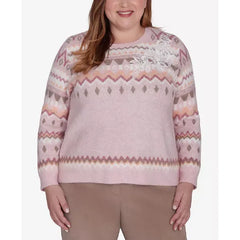 Alfred Dunner Plus Size Telluride Floral Embroidered Fair Isle Sweater, Light Rose , Size 2X