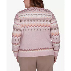 Alfred Dunner Plus Size Telluride Floral Embroidered Fair Isle Sweater, Light Rose , Size 2X