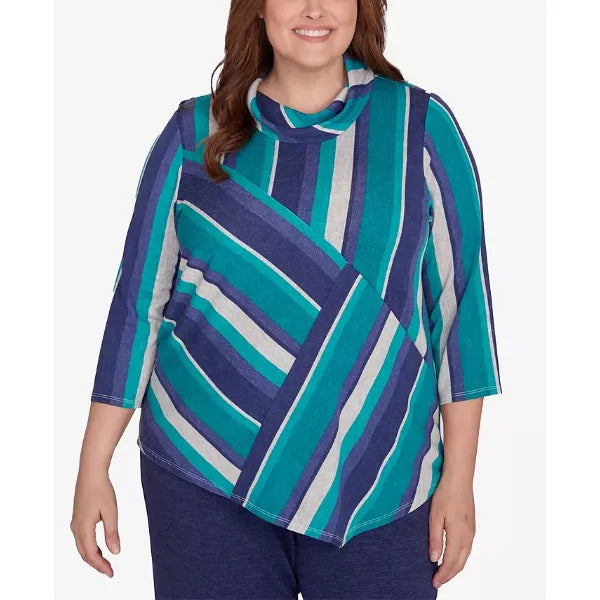 Alfred Dunner Plus Size French Quarter Spliced Stripe Cowl Neck Top, Multi Green