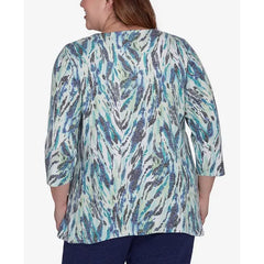 Alfred Dunner Plus Size French Quarter Teal Animal Print Split Neck Top, Multi Green, Size 3X