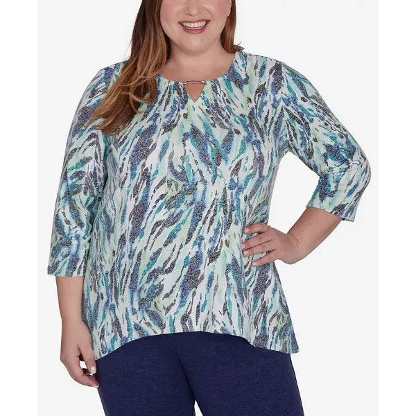 Alfred Dunner Plus Size French Quarter Teal Animal Print Split Neck Top, Multi Green, Size 3X