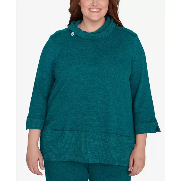 Alfred Dunner Plus Size French Quarter Spliced Ribbed Cowl Neck Solid Top, Jade, Size 3X