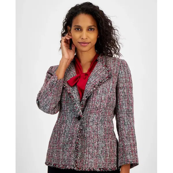 Women's One-Button Fringe Tweed Blazer, Regular & Petite Sizes,Created by Macy's-Fire red multi