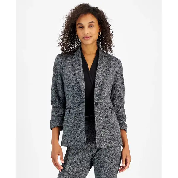 Women's Printed Ruched-Sleeve One-Button Blazer, Regular & Petite Sizes,Created by Macy's-Black Multi