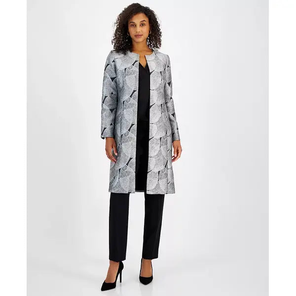 Women's Metallic Leaf Jacquard Open-Front Longline Blazer, Regular & Petite Sizes,Created by Macy's-Black multi