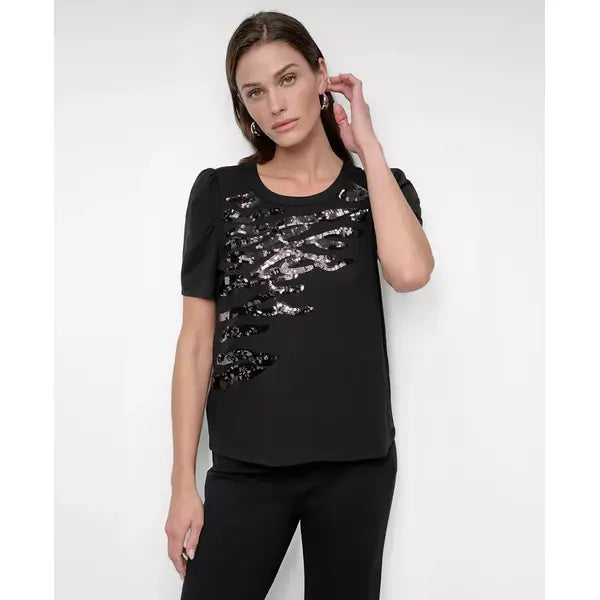 Macy's Women's Crewneck Sequin-Embellishment Short-Sleeve Top-Black