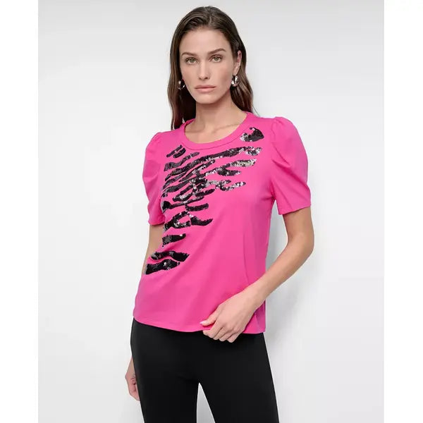 Macy's Women's Crewneck Sequin-Embellishment Short-Sleeve Top-Festive pnk