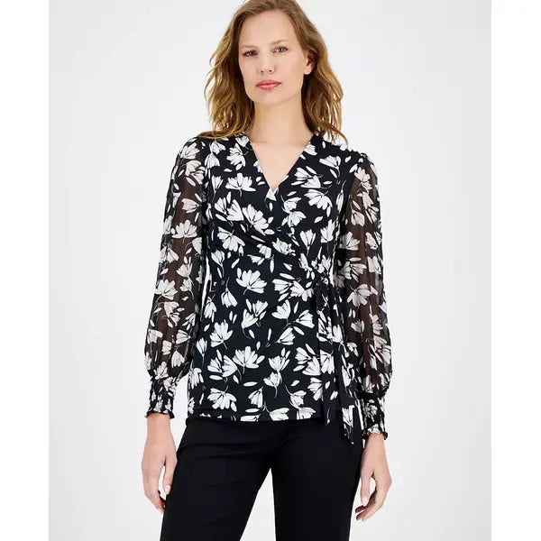 Anne Klein Womens Mixed Media Faux Wrap Long Sleeve Top, Elegant Top for Office or Evening Outfits