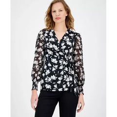 Anne Klein Womens Mixed Media Faux Wrap Long Sleeve Top, Elegant Top for Office or Evening Outfits