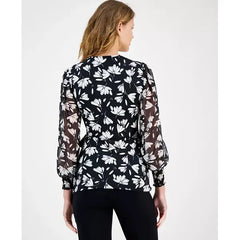 Anne Klein Womens Mixed Media Faux Wrap Long Sleeve Top, Elegant Top for Office or Evening Outfits