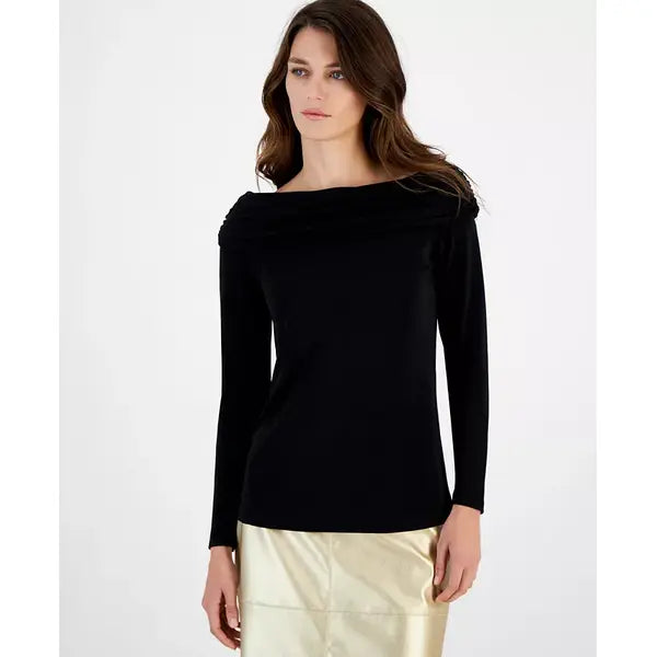 Anne Klein Womens Long Sleeve Off The Shoulder Top, Anne Black , Size S