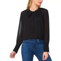 Macy's Women's Pleated Tie-Neck Blouse-Rich black