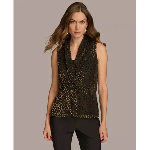Macy's Women's Faux Wrap Burnout Velvet Top-Black /multi gold