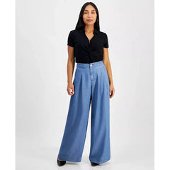 Women's High-Rise Pleated Wide-Leg Pants, Created for Macy's-Medium Indigo