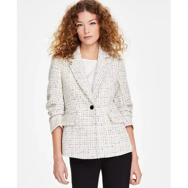 Anne Klein Womens Tweed Fringe Scrunch Sleeve Blazer, Stylish Elegant Outerwear