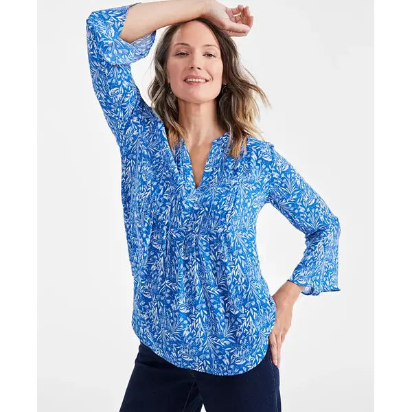 Macy's Women's Printed Split-Neck Pintuck Ruffle-Sleeve Top-Dainty florel
