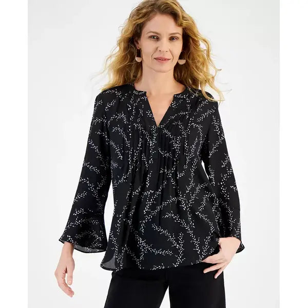Macy's Women's Printed Split-Neck Pintuck Ruffle-Sleeve Top-Doted black