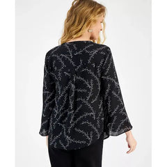 Macy's Women's Printed Split-Neck Pintuck Ruffle-Sleeve Top-Doted black