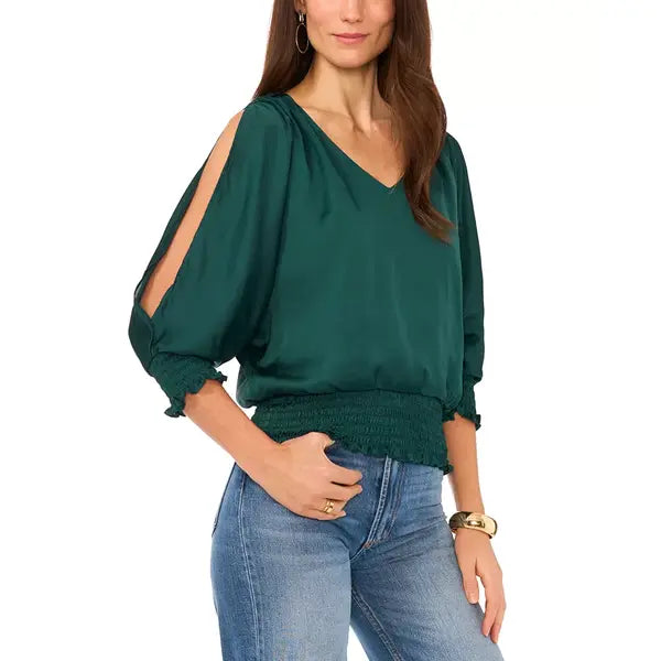 Macy's Women's Split Neck Smocked Waist Blouse-Arresting Emerald Green